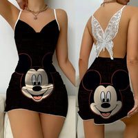 Backless Dress Mickey Minnie Mouse Pajama Skirt Womens Dresses Bow Knot Satin Surface Fashion 6