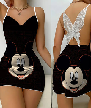 Backless Dress Mickey Minnie Mouse Pajama Skirt Womens Dresses Bow Knot Satin Surface Fashion - Lusy Store LLC