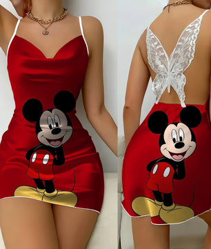 Backless Dress Mickey Minnie Mouse Pajama Skirt Womens Dresses Bow Knot Satin Surface Fashion - Lusy Store LLC