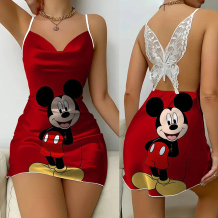 Backless Dress Mickey Minnie Mouse Pajama Skirt Womens Dresses Bow Knot Satin Surface Fashion 10