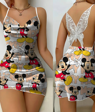 Backless Dress Mickey Minnie Mouse Pajama Skirt Womens Dresses Bow Knot Satin Surface Fashion - Lusy Store LLC