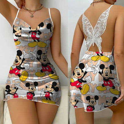 Backless Dress Mickey Minnie Mouse Pajama Skirt Womens Dresses Bow Knot Satin Surface Fashion 2