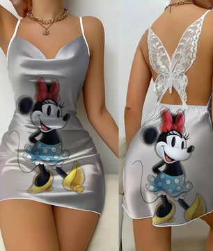 Backless Dress Mickey Minnie Mouse Pajama Skirt Womens Dresses Bow Knot Satin Surface Fashion - Lusy Store LLC