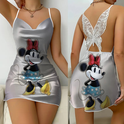 Backless Dress Mickey Minnie Mouse Pajama Skirt Womens Dresses Bow Knot Satin Surface Fashion 9