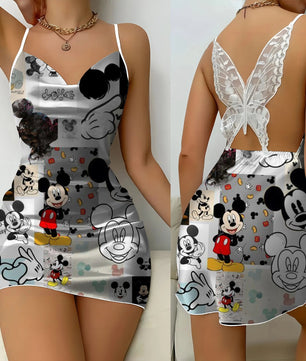 Backless Dress Mickey Minnie Mouse Pajama Skirt Womens Dresses Bow Knot Satin Surface Fashion - Lusy Store LLC