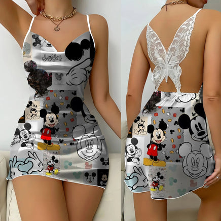 Backless Dress Mickey Minnie Mouse Pajama Skirt Womens Dresses Bow Knot Satin Surface Fashion 7