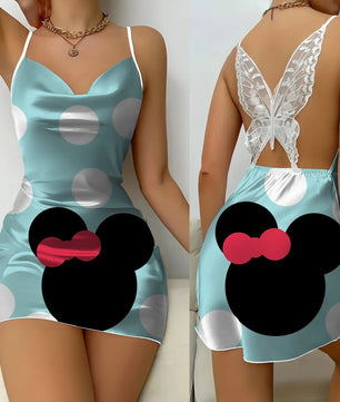 Backless Dress Mickey Minnie Mouse Pajama Skirt Womens Dresses Bow Knot Satin Surface Fashion - Lusy Store LLC