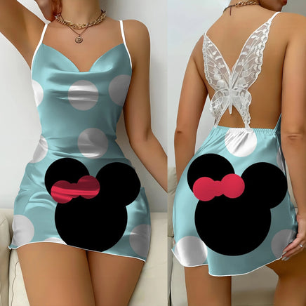 Backless Dress Mickey Minnie Mouse Pajama Skirt Womens Dresses Bow Knot Satin Surface Fashion 4