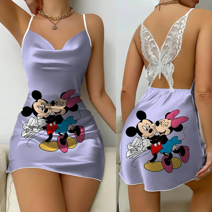 Backless Dress Minnie Mouse Mickey Party Dresses Pajama Skirt Satin Surface Bow Knot Womens Fashion 4