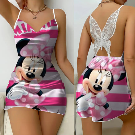 Backless Dress Minnie Mouse Mickey Party Dresses Pajama Skirt Satin Surface Bow Knot Womens Fashion 5