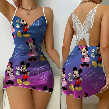 Backless Dress Minnie Mouse Mickey Party Dresses Pajama Skirt Satin Surface Bow Knot Womens Fashion 8