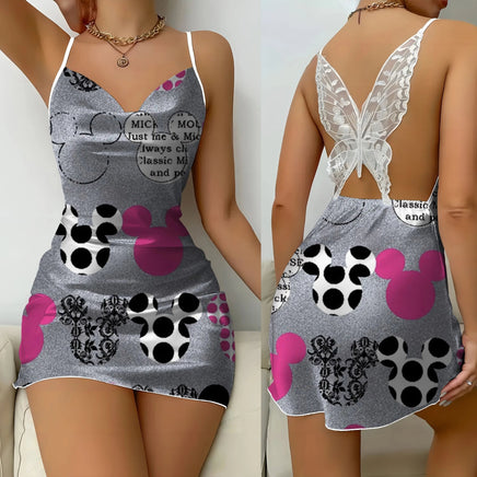 Backless Dress Minnie Mouse Mickey Party Dresses Pajama Skirt Satin Surface Bow Knot Womens Fashion 6