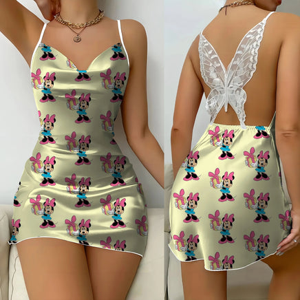 Backless Dress Minnie Mouse Mickey Party Dresses Pajama Skirt Satin Surface Bow Knot Womens Fashion 2