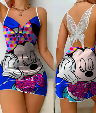 Bow Knot Backless Dress Sexy Dresses Mickey Minnie Mouse Pajama Skirt Satin Surface Womens Fashion - Lusy Store LLC