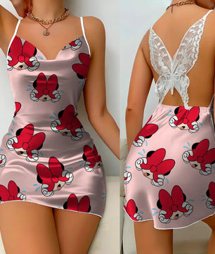 Bow Knot Backless Dress Sexy Dresses Mickey Minnie Mouse Pajama Skirt Satin Surface Womens Fashion - Lusy Store LLC