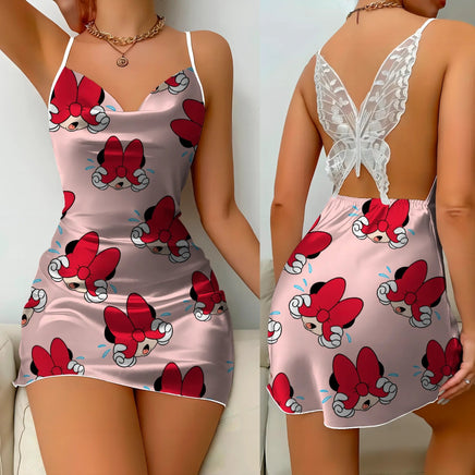 Bow Knot Backless Dress Sexy Dresses Mickey Minnie Mouse Pajama Skirt Satin Surface Womens Fashion 9