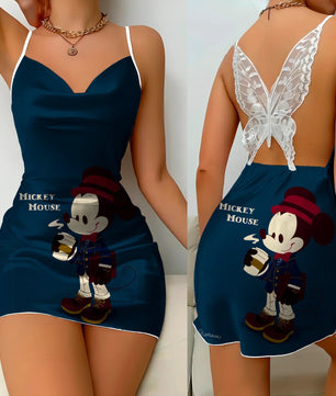 Bow Knot Backless Dress Sexy Dresses Mickey Minnie Mouse Pajama Skirt Satin Surface Womens Fashion - Lusy Store LLC