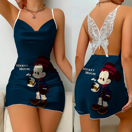 Bow Knot Backless Dress Sexy Dresses Mickey Minnie Mouse Pajama Skirt Satin Surface Womens Fashion 5
