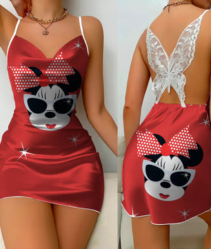 Bow Knot Backless Dress Sexy Dresses Mickey Minnie Mouse Pajama Skirt Satin Surface Womens Fashion - Lusy Store LLC