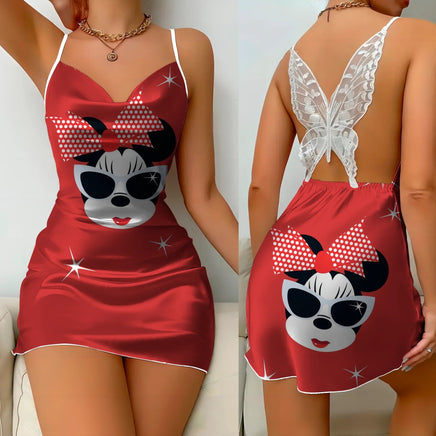 Bow Knot Backless Dress Sexy Dresses Mickey Minnie Mouse Pajama Skirt Satin Surface Womens Fashion 10