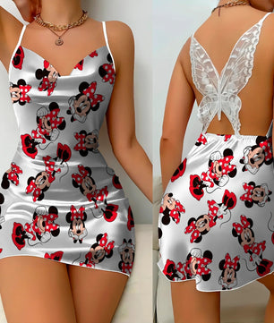Bow Knot Backless Dress Sexy Dresses Mickey Minnie Mouse Pajama Skirt Satin Surface Womens Fashion - Lusy Store LLC