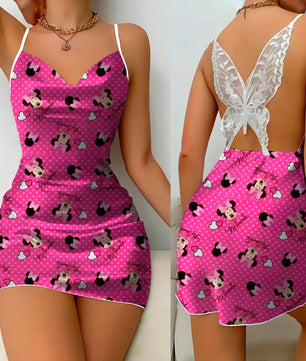 Bow Knot Backless Dress Sexy Dresses Mickey Minnie Mouse Pajama Skirt Satin Surface Womens Fashion - Lusy Store LLC