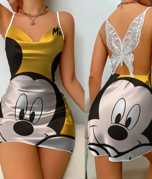 Bow Knot Backless Dress Sexy Dresses Mickey Minnie Mouse Pajama Skirt Satin Surface Womens Fashion - Lusy Store LLC