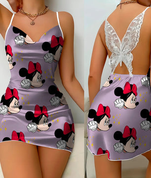 Bow Knot Backless Dress Sexy Dresses Mickey Minnie Mouse Pajama Skirt Satin Surface Womens Fashion - Lusy Store LLC