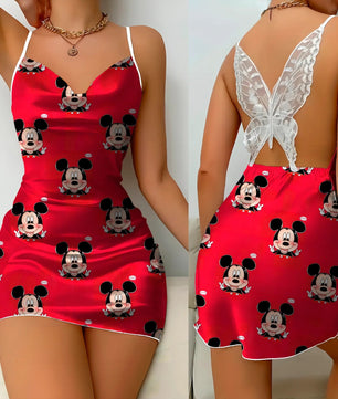 Bow Knot Backless Dress Sexy Dresses Mickey Minnie Mouse Pajama Skirt Satin Surface Womens Fashion - Lusy Store LLC