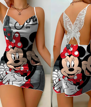 Bow Knot Backless Dress Sexy Dresses Mickey Minnie Mouse Pajama Skirt Satin Surface Womens Fashion - Lusy Store LLC