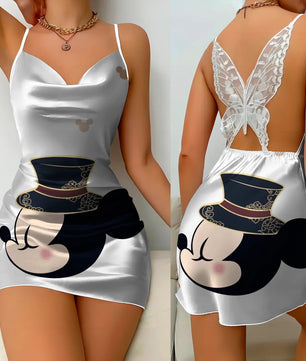 Bow Knot Backless Dress Sexy Dresses Mickey Minnie Mouse Satin Surface Pajama Skirt Womens Fashion - Lusy Store LLC