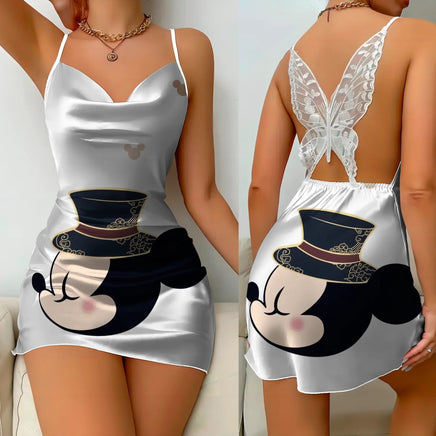 Bow Knot Backless Dress Sexy Dresses Mickey Minnie Mouse Satin Surface Pajama Skirt Womens Fashion 10