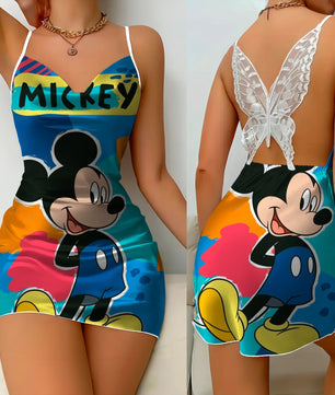 Bow Knot Backless Dress Sexy Dresses Mickey Minnie Mouse Satin Surface Pajama Skirt Womens Fashion - Lusy Store LLC