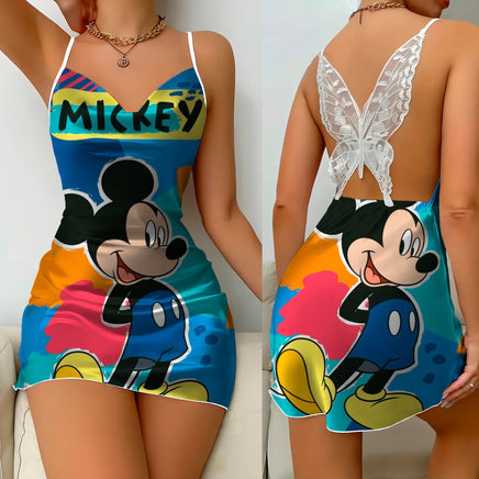Bow Knot Backless Dress Sexy Dresses Mickey Minnie Mouse Satin Surface Pajama Skirt Womens Fashion 5