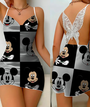 Bow Knot Backless Dress Sexy Dresses Mickey Minnie Mouse Satin Surface Pajama Skirt Womens Fashion - Lusy Store LLC