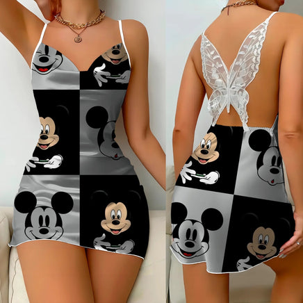 Bow Knot Backless Dress Sexy Dresses Mickey Minnie Mouse Satin Surface Pajama Skirt Womens Fashion 7