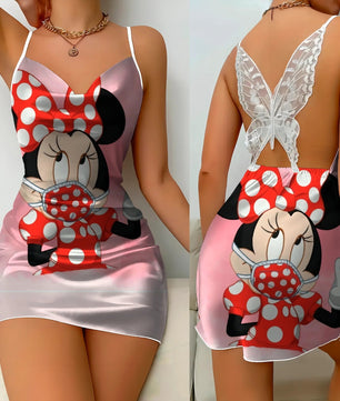 Bow Knot Backless Dress Sexy Dresses Mickey Minnie Mouse Satin Surface Pajama Skirt Womens Fashion - Lusy Store LLC
