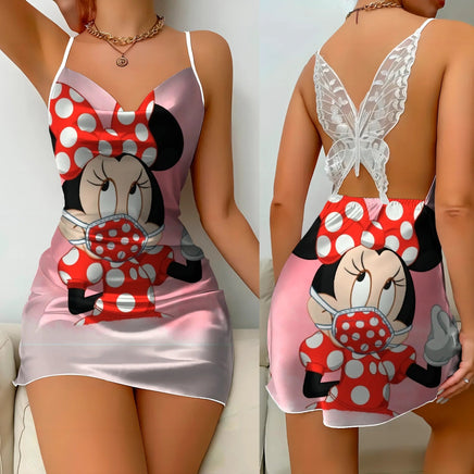 Bow Knot Backless Dress Sexy Dresses Mickey Minnie Mouse Satin Surface Pajama Skirt Womens Fashion 4