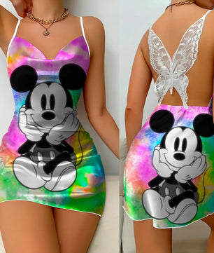 Bow Knot Backless Dress Sexy Dresses Mickey Minnie Mouse Satin Surface Pajama Skirt Womens Fashion - Lusy Store LLC