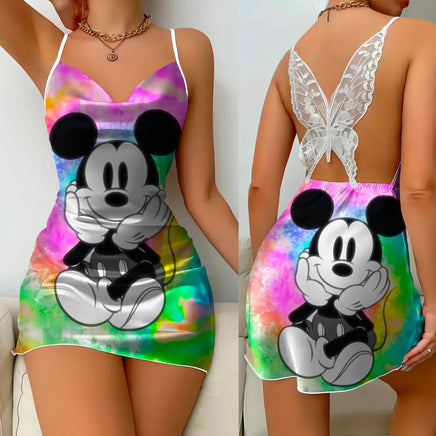 Bow Knot Backless Dress Sexy Dresses Mickey Minnie Mouse Satin Surface Pajama Skirt Womens Fashion 1