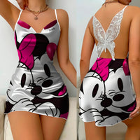 Bow Knot Backless Dress Sexy Dresses Mickey Minnie Mouse Satin Surface Pajama Skirt Womens Fashion 3