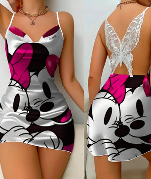 Bow Knot Backless Dress Sexy Dresses Mickey Minnie Mouse Satin Surface Pajama Skirt Womens Fashion - Lusy Store LLC