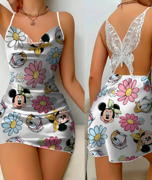 Bow Knot Backless Dress Sexy Dresses Mickey Minnie Mouse Satin Surface Pajama Skirt Womens Fashion - Lusy Store LLC