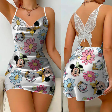 Bow Knot Backless Dress Sexy Dresses Mickey Minnie Mouse Satin Surface Pajama Skirt Womens Fashion 6