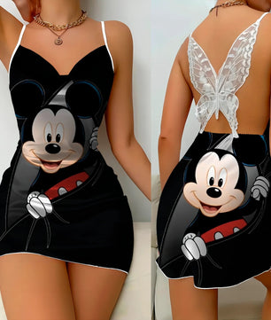 Bow Knot Backless Dress Sexy Dresses Mickey Minnie Mouse Satin Surface Pajama Skirt Womens Fashion - Lusy Store LLC