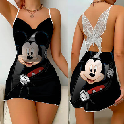Bow Knot Backless Dress Sexy Dresses Mickey Minnie Mouse Satin Surface Pajama Skirt Womens Fashion 9