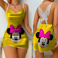 Bow Knot Backless Dress Sexy Dresses Mickey Minnie Mouse Satin Surface Pajama Skirt Womens Fashion 2