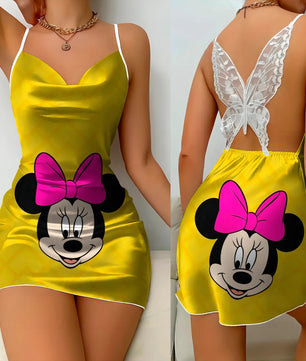 Bow Knot Backless Dress Sexy Dresses Mickey Minnie Mouse Satin Surface Pajama Skirt Womens Fashion - Lusy Store LLC
