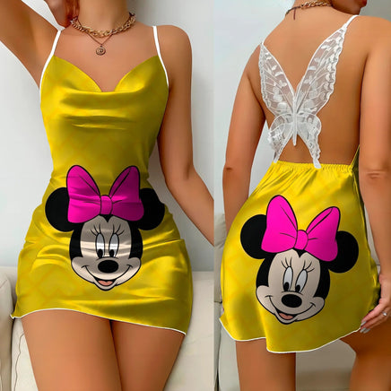 Bow Knot Backless Dress Sexy Dresses Mickey Minnie Mouse Satin Surface Pajama Skirt Womens Fashion 2