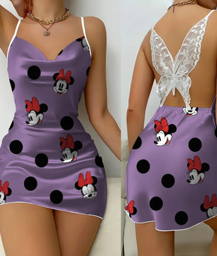 Bow Knot Minnie Mouse Backless Dress Sexy Dresses Pajama Skirt Satin Surface Mickey Womens Fashion - Lusy Store LLC
